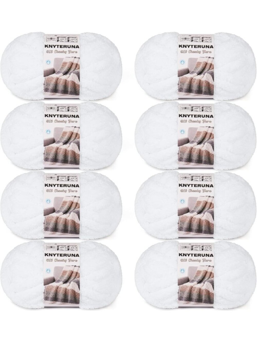 Super Chunky Chenille Yarn for Hand Knitting & Crocheting, 8 Skeins, Pure White